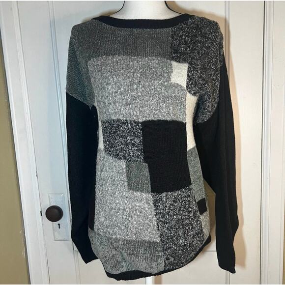 Chrysantheme Black and Gray Long Sleeve Block Print Knit Sweater Size 14/16 - Picture 1 of 11